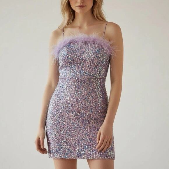 Crystal Doll Dresses & Skirts - Crystal Doll Sequin Dress Size Medium Purple Feather Trim Y2K Party Formal Mini